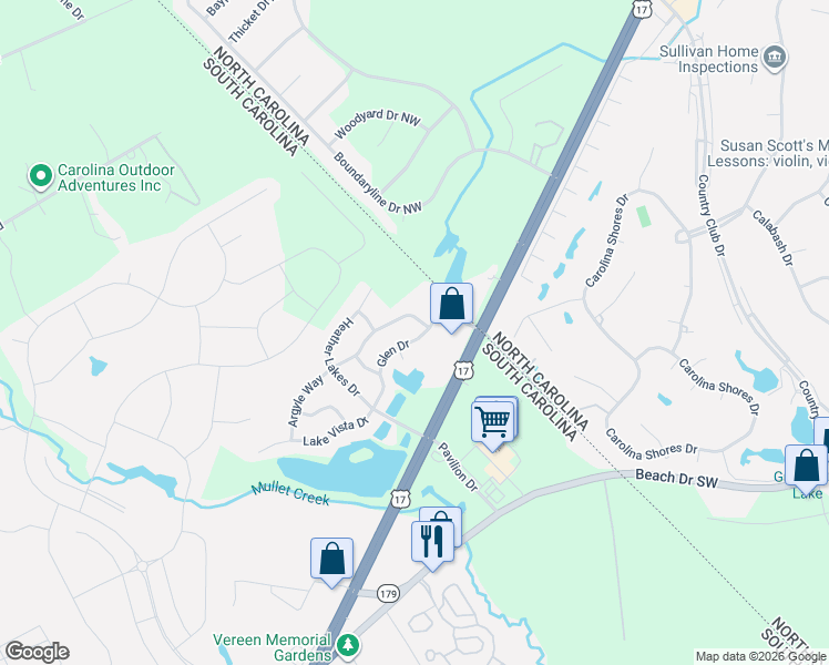 map of restaurants, bars, coffee shops, grocery stores, and more near 2485 Burning Tree Lane in Little River