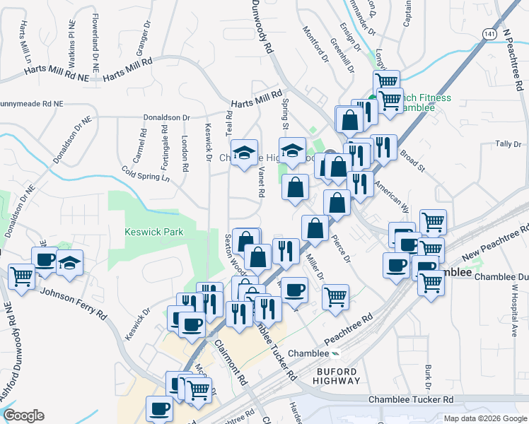 map of restaurants, bars, coffee shops, grocery stores, and more near 3554 Vanet Road in Atlanta