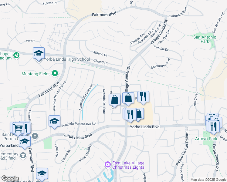 map of restaurants, bars, coffee shops, grocery stores, and more near 20407 Vía Madrid in Yorba Linda