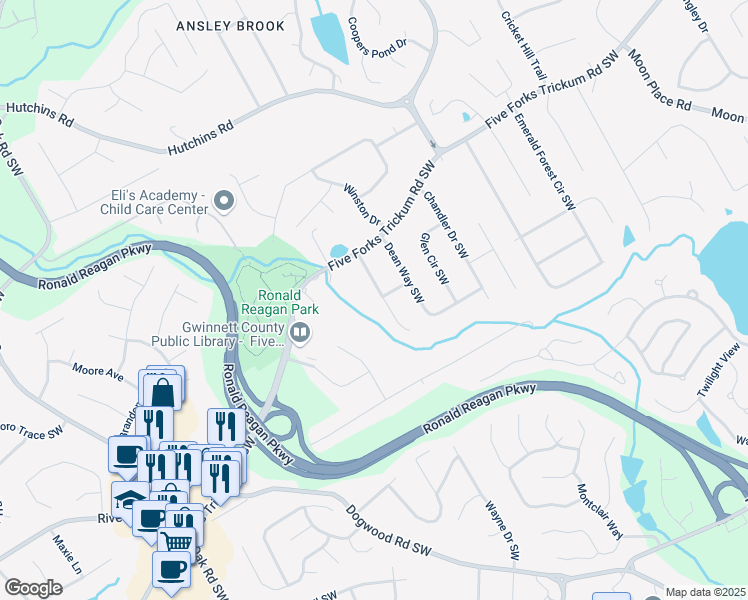 map of restaurants, bars, coffee shops, grocery stores, and more near 775 Catherine Drive Southwest in Lawrenceville