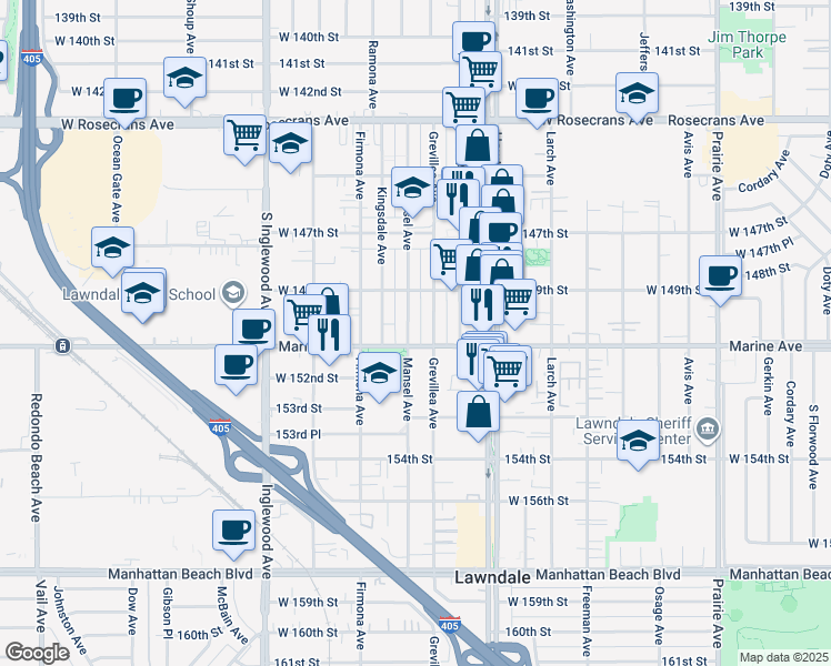 map of restaurants, bars, coffee shops, grocery stores, and more near 15016 Mansel Avenue in Lawndale