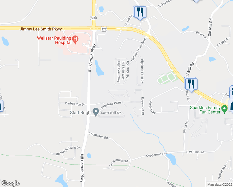 map of restaurants, bars, coffee shops, grocery stores, and more near 39 Greystone Way in Hiram