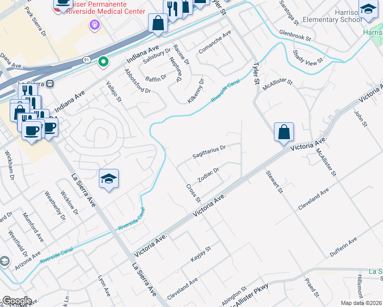 map of restaurants, bars, coffee shops, grocery stores, and more near 10671 Sagittarius Drive in Riverside