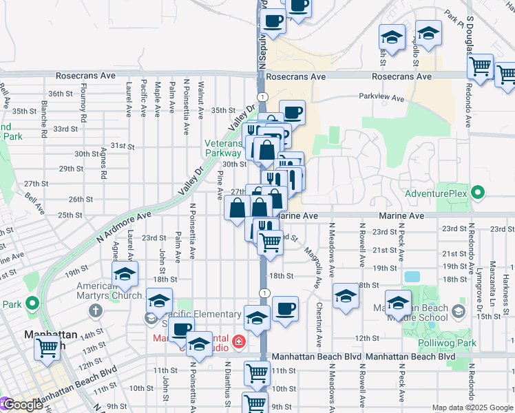 map of restaurants, bars, coffee shops, grocery stores, and more near 2613 North Sepulveda Boulevard in Manhattan Beach