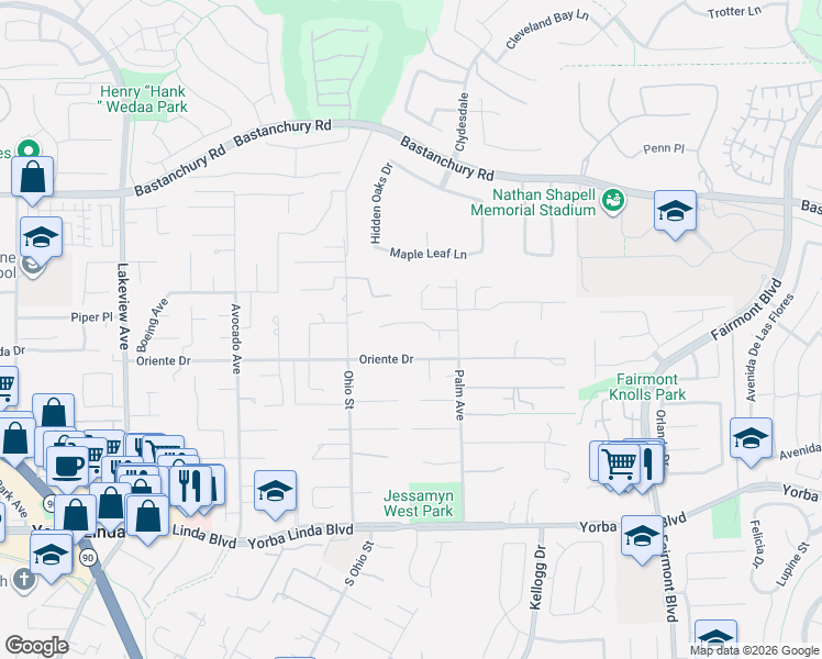 map of restaurants, bars, coffee shops, grocery stores, and more near 19140 La Pradera in Yorba Linda