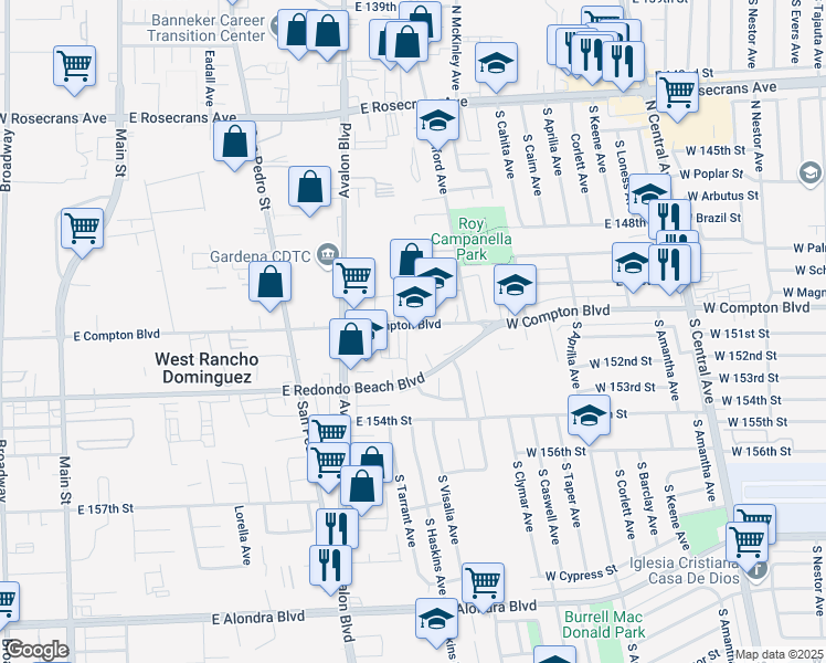 map of restaurants, bars, coffee shops, grocery stores, and more near 717 East Compton Boulevard in West Rancho Dominguez
