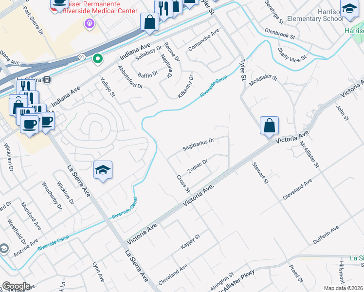 map of restaurants, bars, coffee shops, grocery stores, and more near 10671 Sagittarius Drive in Riverside