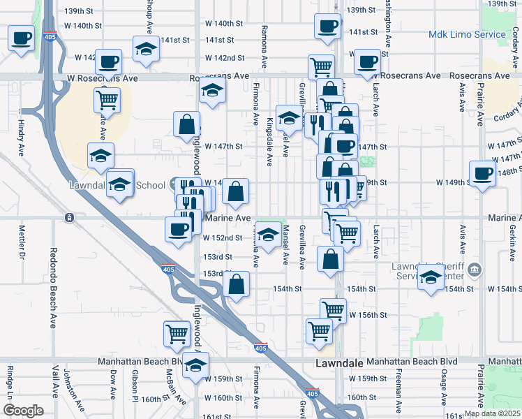 map of restaurants, bars, coffee shops, grocery stores, and more near 15016 Firmona Avenue in Lawndale