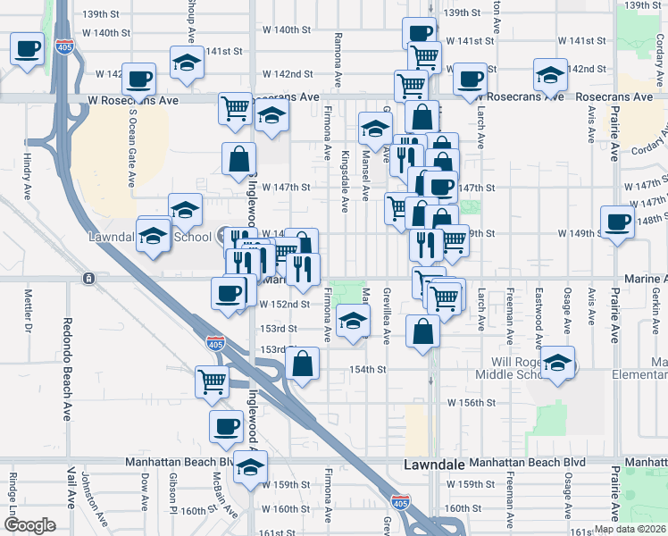 map of restaurants, bars, coffee shops, grocery stores, and more near 15000 Firmona Avenue in Lawndale