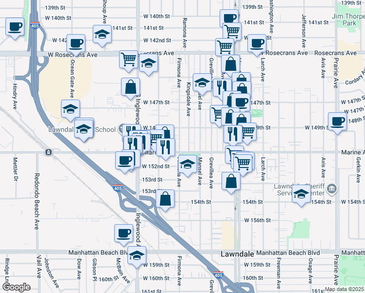 map of restaurants, bars, coffee shops, grocery stores, and more near 15016 Firmona Avenue in Lawndale