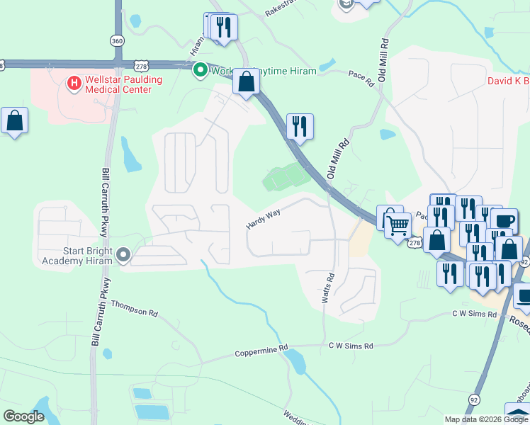 map of restaurants, bars, coffee shops, grocery stores, and more near 240 Hardy Way in Hiram