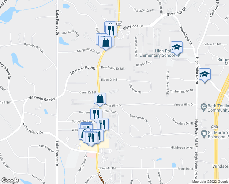 map of restaurants, bars, coffee shops, grocery stores, and more near 5155 Roswell Road Northeast in Atlanta