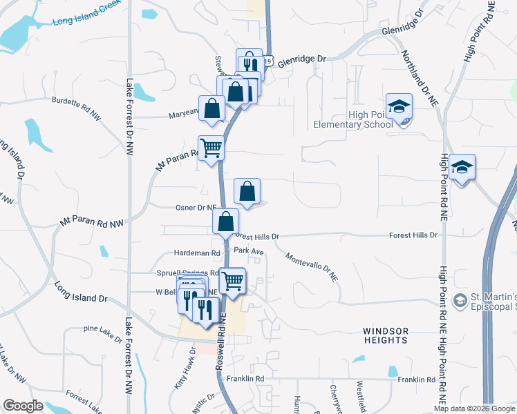 map of restaurants, bars, coffee shops, grocery stores, and more near 5157 Roswell Road in Sandy Springs