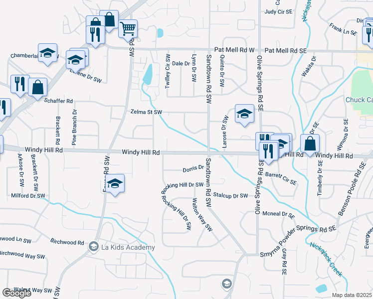 map of restaurants, bars, coffee shops, grocery stores, and more near 151 Windy Hill Road Southwest in Marietta