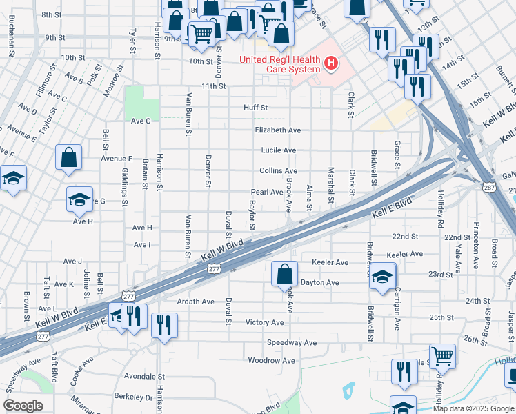 map of restaurants, bars, coffee shops, grocery stores, and more near 1720 McGregor Avenue in Wichita Falls