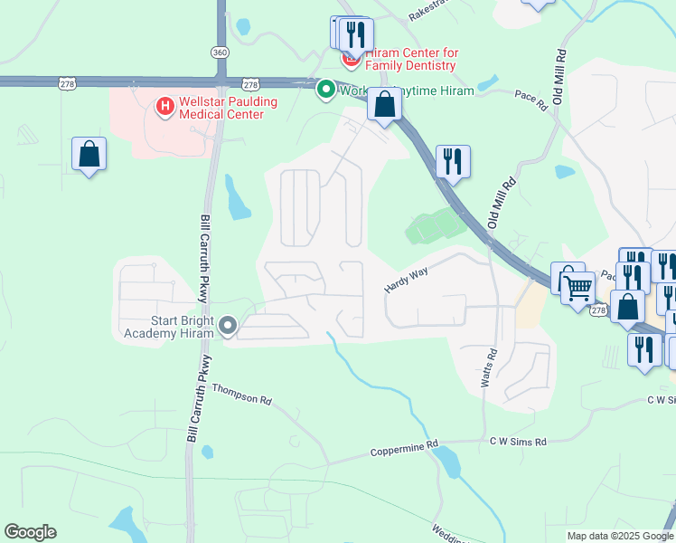 map of restaurants, bars, coffee shops, grocery stores, and more near 13 Rosemont Court in Hiram