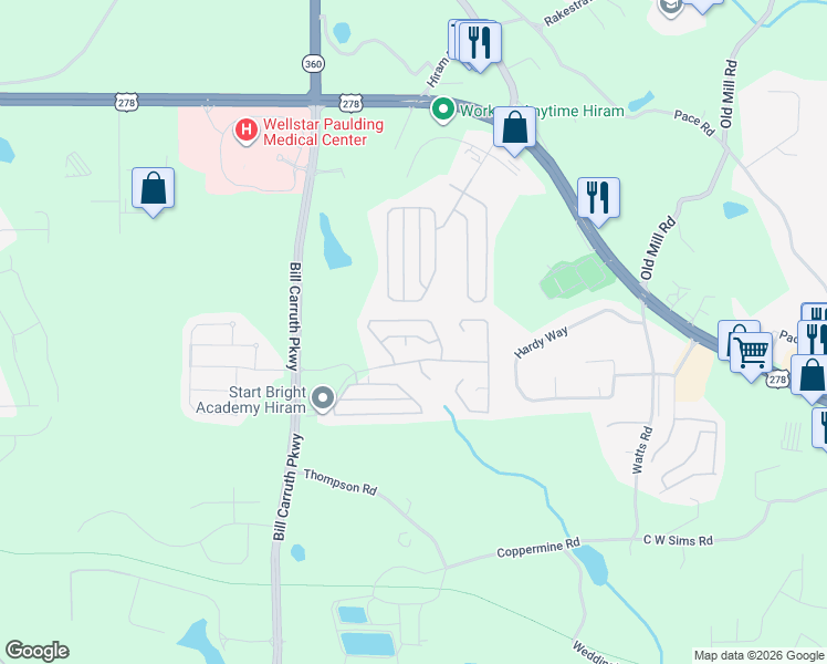 map of restaurants, bars, coffee shops, grocery stores, and more near 79 Greystone Way in Hiram