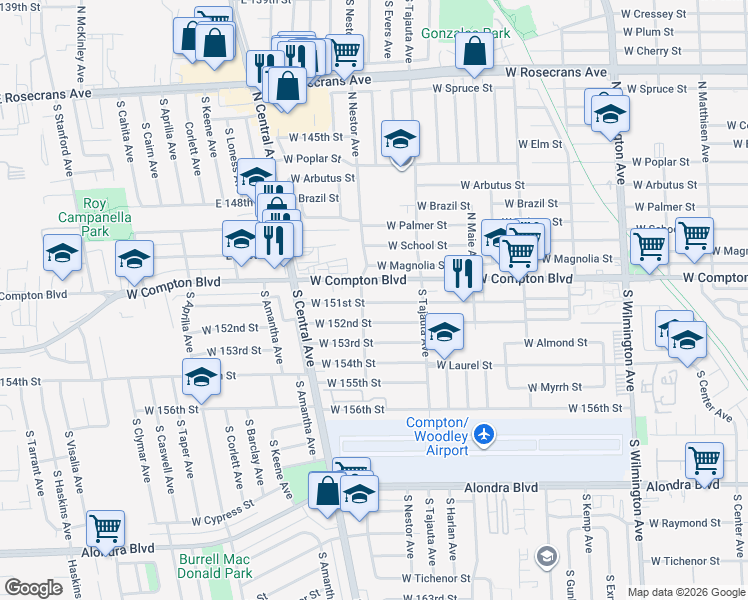 map of restaurants, bars, coffee shops, grocery stores, and more near 1483 West 151st Street in Compton