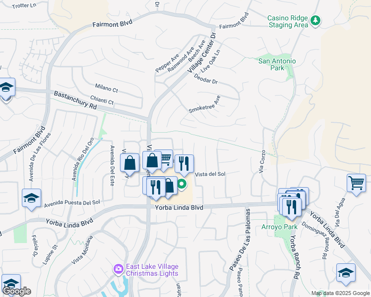 map of restaurants, bars, coffee shops, grocery stores, and more near 21590 Vía Pepita in Yorba Linda