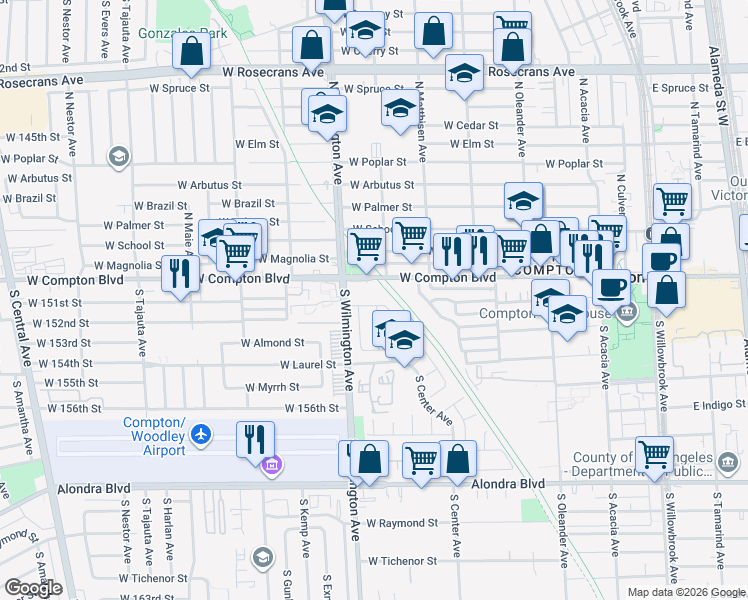 map of restaurants, bars, coffee shops, grocery stores, and more near 712 West Compton Boulevard in Compton