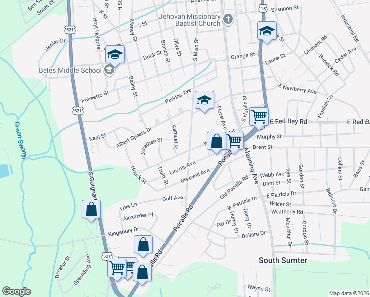 map of restaurants, bars, coffee shops, grocery stores, and more near 53 West Red Bay Road in Sumter