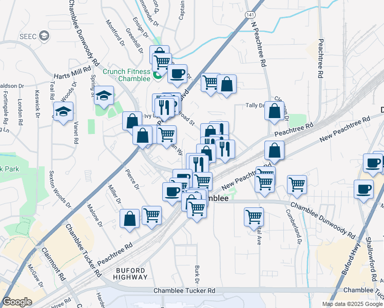 map of restaurants, bars, coffee shops, grocery stores, and more near 2148 American Industrial Way in Chamblee