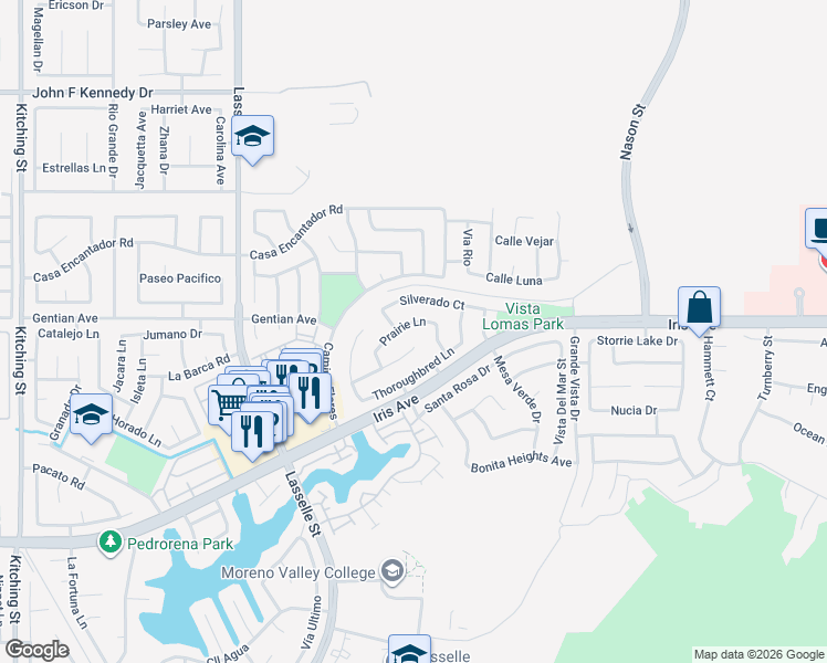 map of restaurants, bars, coffee shops, grocery stores, and more near 26422 Prairie Lane in Moreno Valley