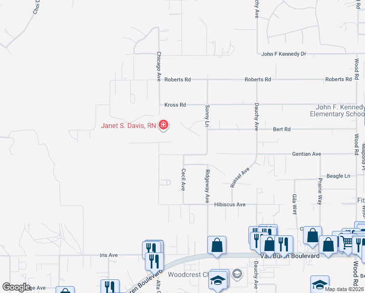 map of restaurants, bars, coffee shops, grocery stores, and more near 18120 Gentian Avenue in Riverside