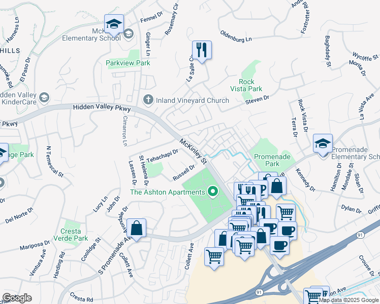 map of restaurants, bars, coffee shops, grocery stores, and more near 767 June Drive in Corona