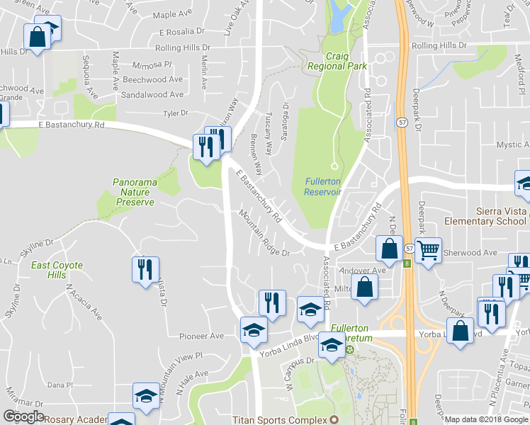 map of restaurants, bars, coffee shops, grocery stores, and more near 2216 Blueridge Court in Fullerton