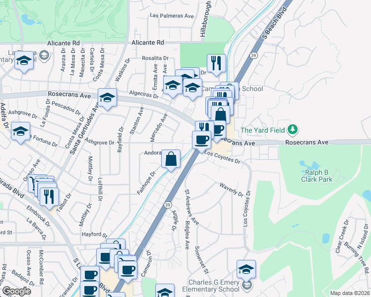 map of restaurants, bars, coffee shops, grocery stores, and more near 4502 Fairhope Drive in La Mirada