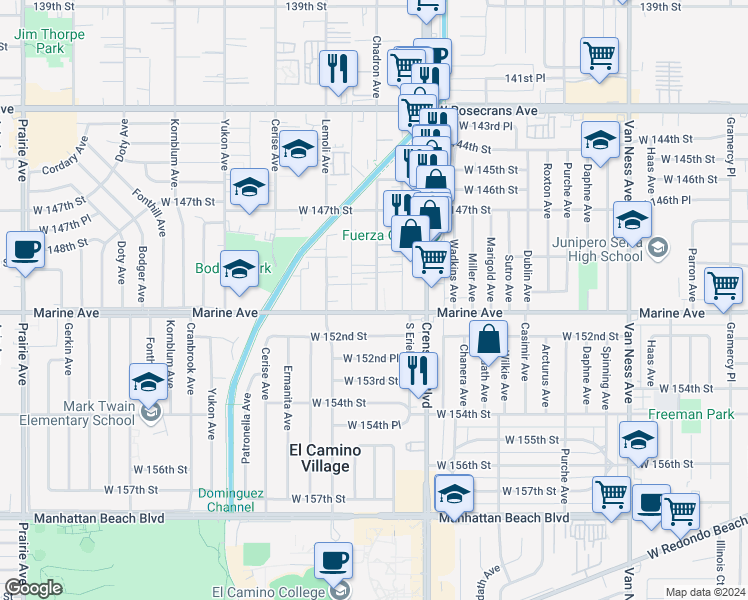 map of restaurants, bars, coffee shops, grocery stores, and more near 15001 Chadron Avenue in Gardena