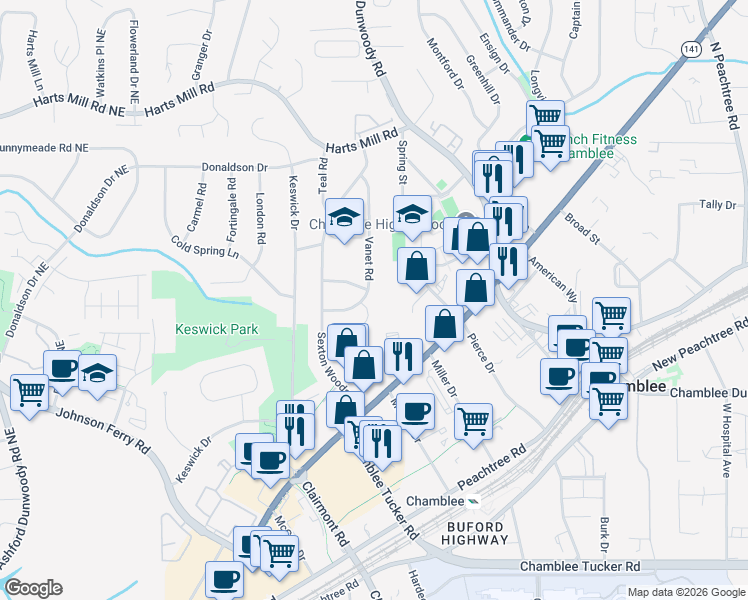 map of restaurants, bars, coffee shops, grocery stores, and more near 3554 Vanet Road in Atlanta