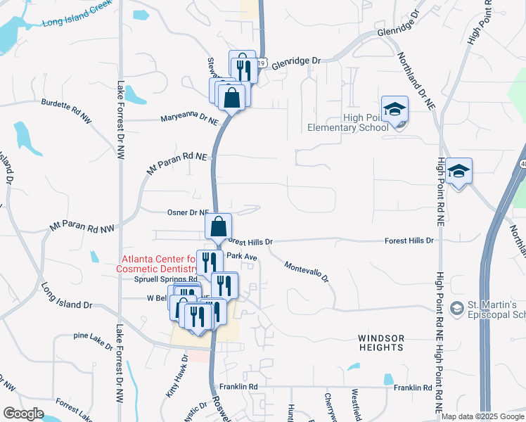 map of restaurants, bars, coffee shops, grocery stores, and more near 5149 Roswell Road Northeast in Atlanta