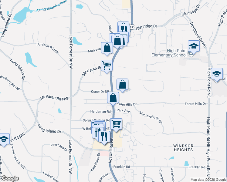 map of restaurants, bars, coffee shops, grocery stores, and more near 5153 U.S. 19 in Sandy Springs