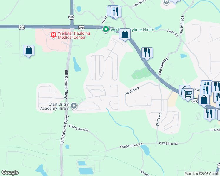 map of restaurants, bars, coffee shops, grocery stores, and more near 283 Greystone Circle in Hiram
