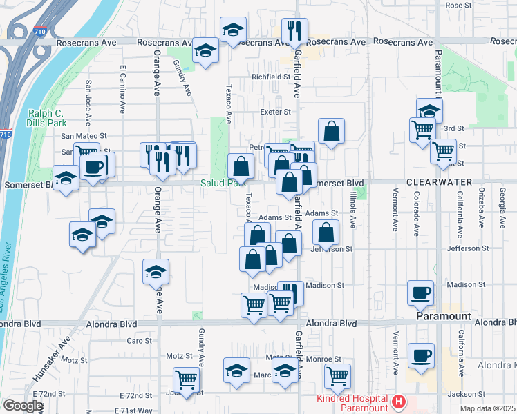 map of restaurants, bars, coffee shops, grocery stores, and more near 15250 Texaco Avenue in Paramount