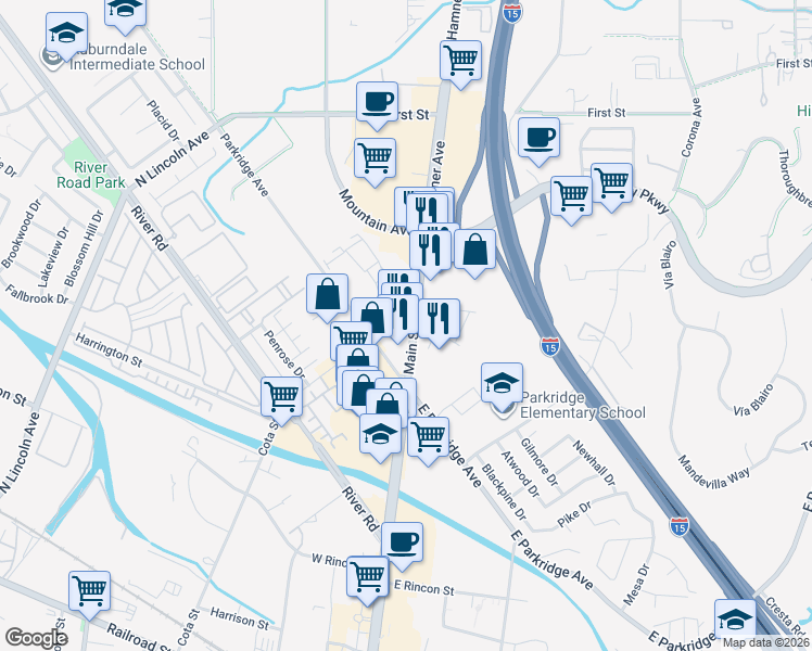 map of restaurants, bars, coffee shops, grocery stores, and more near 830-872 N Main St in Norco