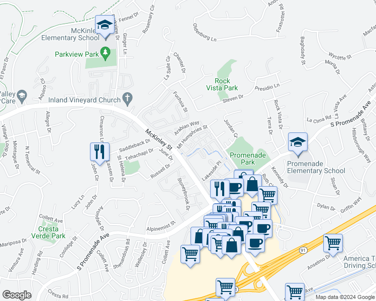 map of restaurants, bars, coffee shops, grocery stores, and more near in Corona