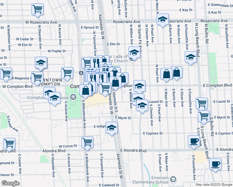 map of restaurants, bars, coffee shops, grocery stores, and more near in Compton