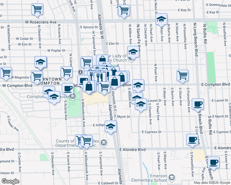 map of restaurants, bars, coffee shops, grocery stores, and more near 134 South Alameda Street East in Compton