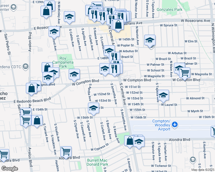 map of restaurants, bars, coffee shops, grocery stores, and more near 2117 West Corydon Street in Compton