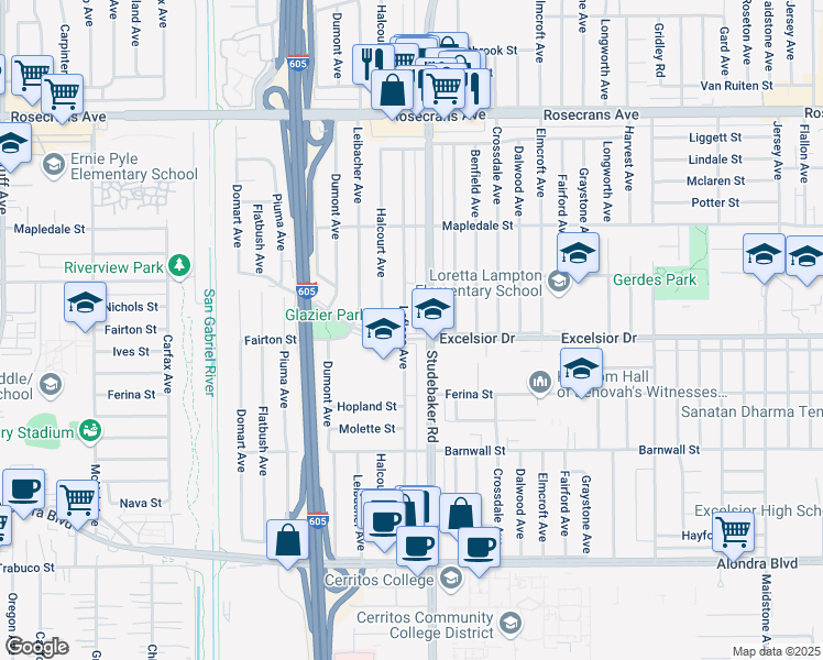 map of restaurants, bars, coffee shops, grocery stores, and more near 10973 Excelsior Drive in Norwalk