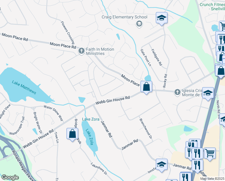 map of restaurants, bars, coffee shops, grocery stores, and more near 632 Grassmeade Way in Snellville