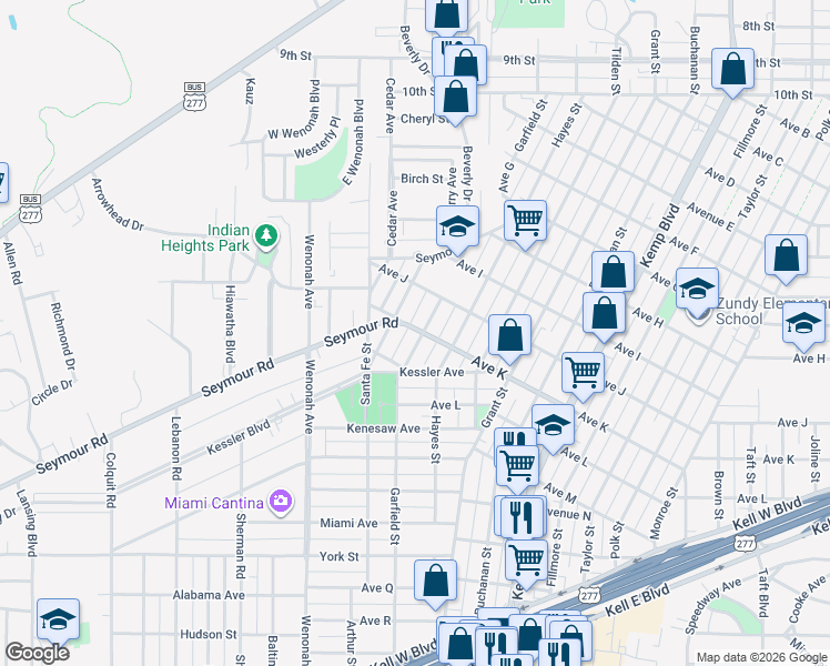 map of restaurants, bars, coffee shops, grocery stores, and more near 2015 Arthur Street in Wichita Falls