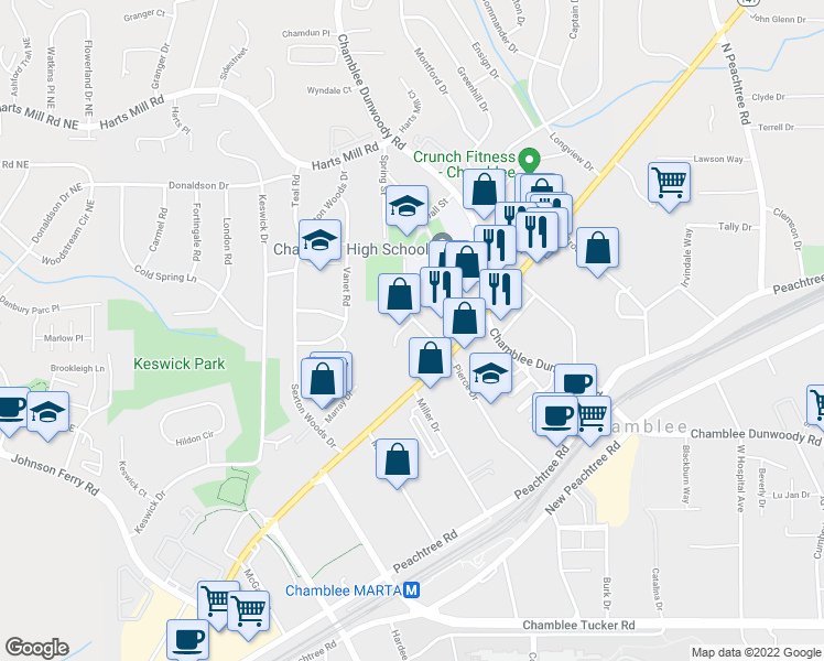 map of restaurants, bars, coffee shops, grocery stores, and more near 3586 Pierce Drive in Atlanta