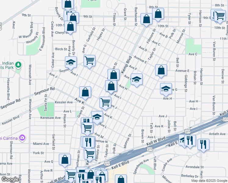 map of restaurants, bars, coffee shops, grocery stores, and more near 1901 Kemp Boulevard in Wichita Falls