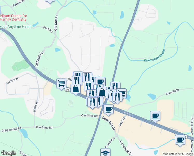 map of restaurants, bars, coffee shops, grocery stores, and more near 220 Hiram Terrace in Hiram