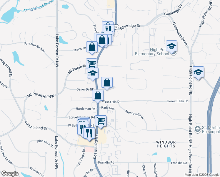 map of restaurants, bars, coffee shops, grocery stores, and more near 5157 Roswell Road Northeast in Atlanta