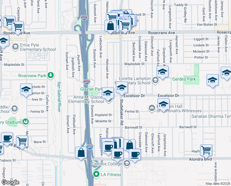 map of restaurants, bars, coffee shops, grocery stores, and more near 10973 Excelsior Drive in Norwalk